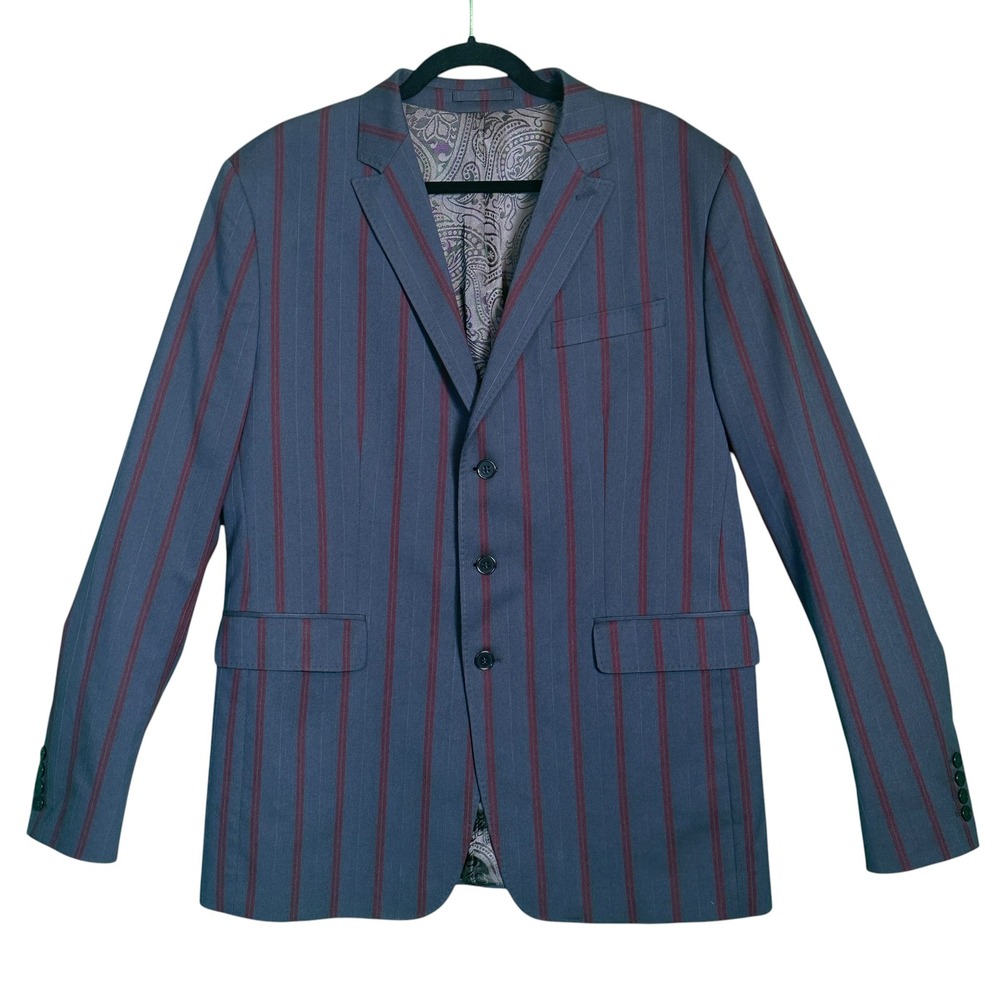 Pretty Green Blazer Jacket Striped Cotton Blend Mod‎ Blue Burgundy 44 Britpop